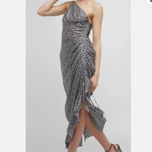 Cinq a Sept Christel One Shoulder Asymmetrical Ruffle Hem Silk Midi Dress Size 2 - Picture 4 of 12